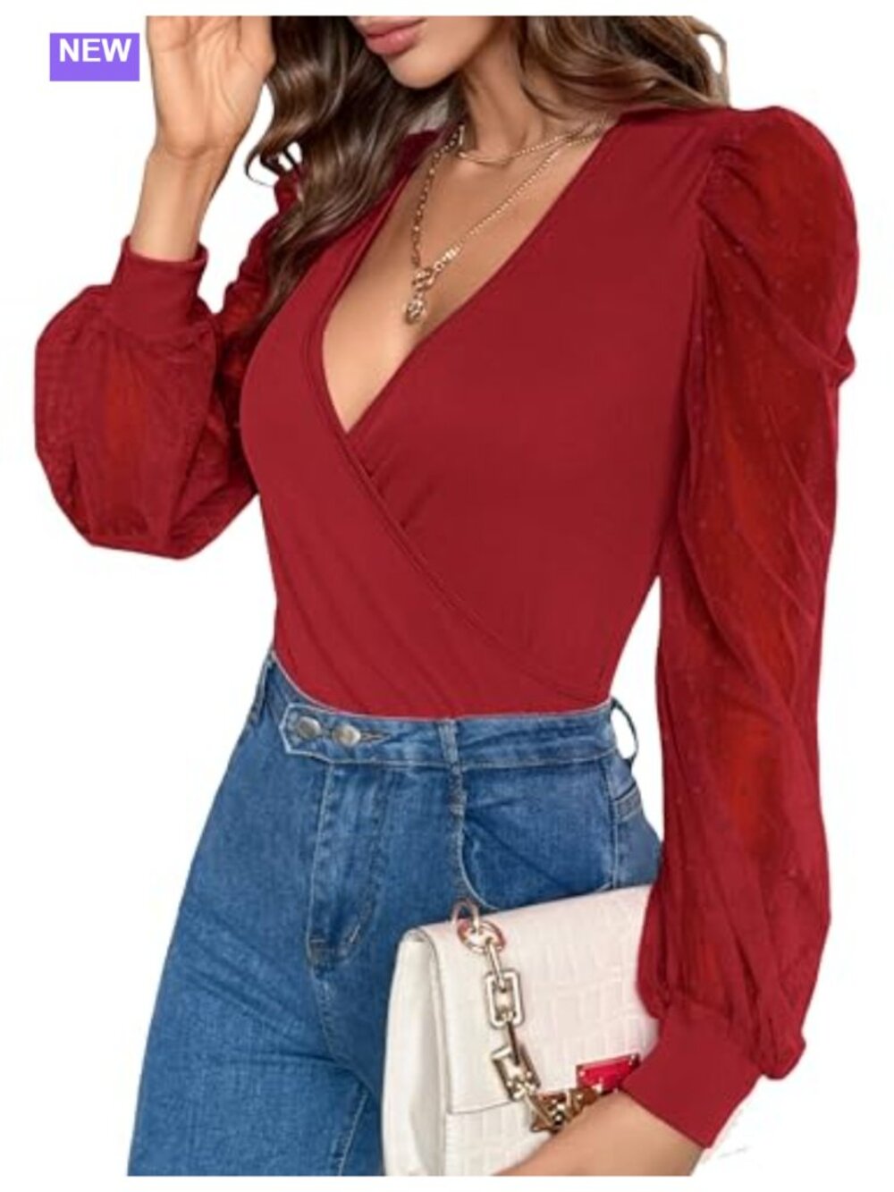 Womens Deep V Neck Cross Wrap Polka Dot Mesh Long Sleeve Top